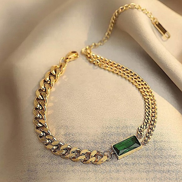 Gold 18K GP Emerald Green Chain Link Bracelet - Picture 2 of 12